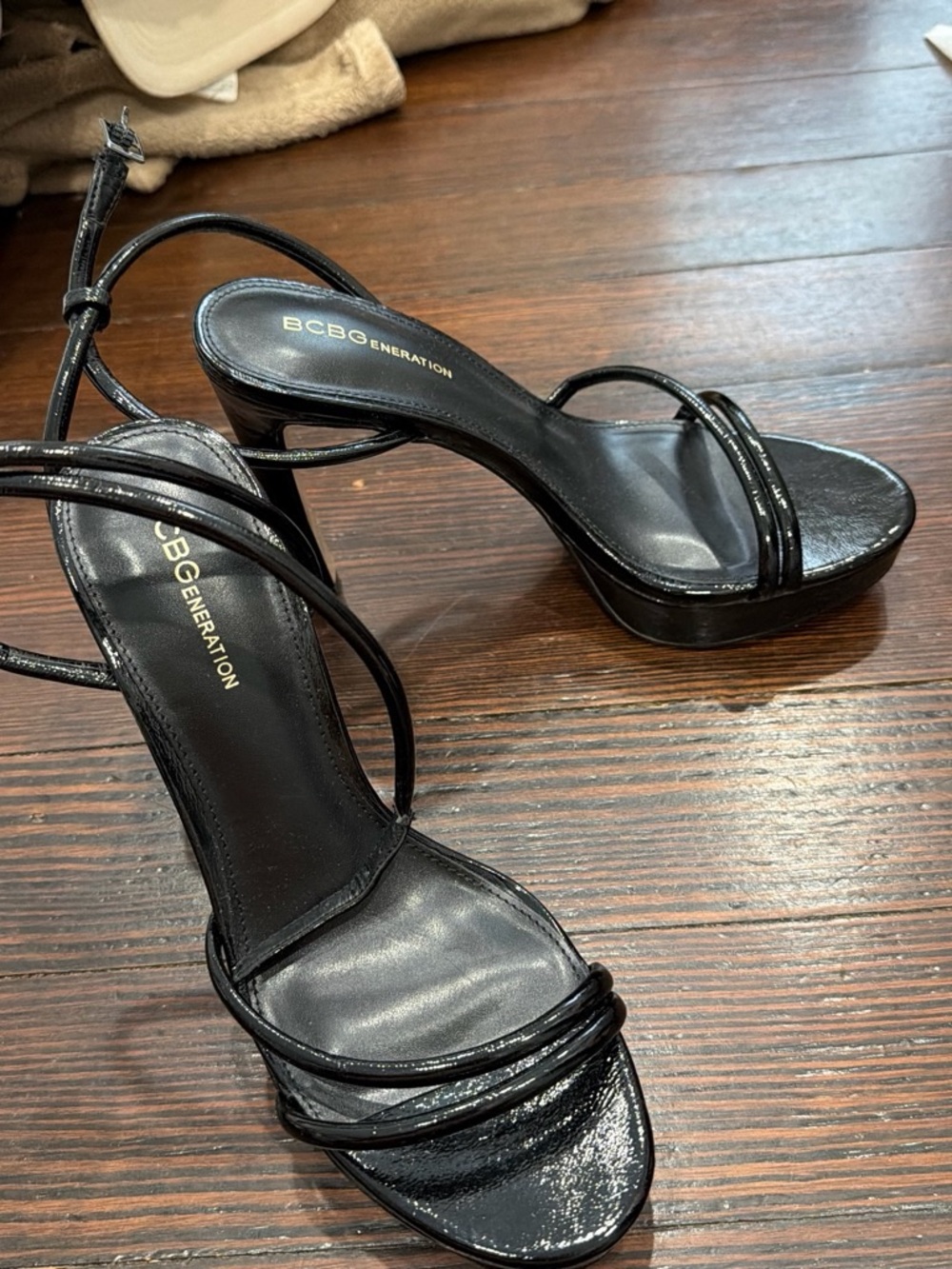 BCBGeneration Black Patent Strappy Platform Heels